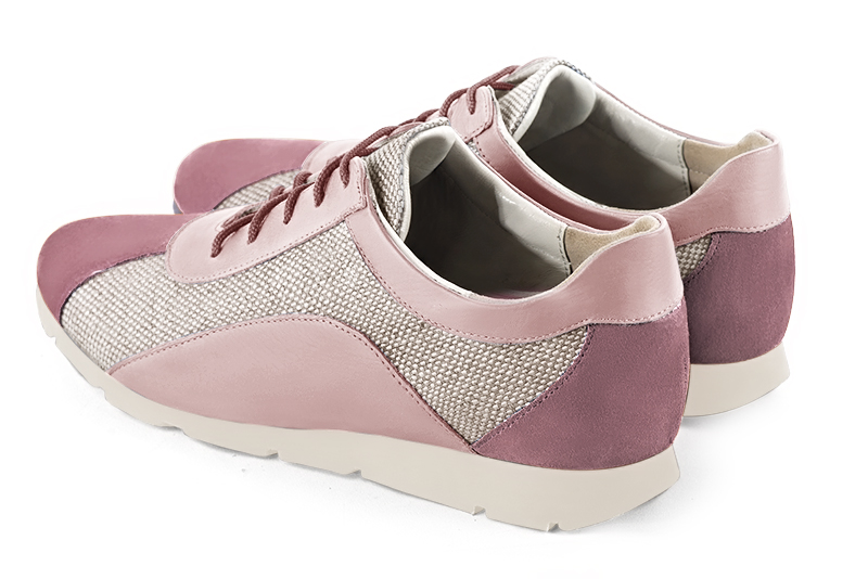 Dusty rose pink and off white women's open back shoes. Round toe. Flat rubber soles. Rear view - Florence KOOIJMAN